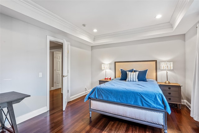 55 Westgate Rd, Muttontown, NY 11791 - bedroom with ornamental molding, wood finished floors, a tray ceiling, baseboards, and recessed lighting