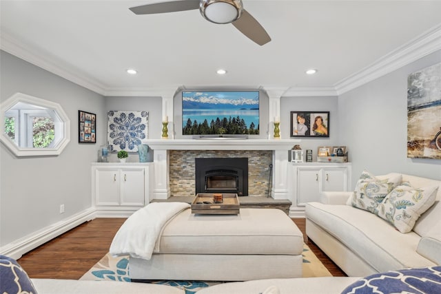 26 Wilson St, Port Jefferson Station, NY 11776 - living room featuring wood finished floors, ornamental molding, a ceiling fan, recessed lighting, and a stone fireplace