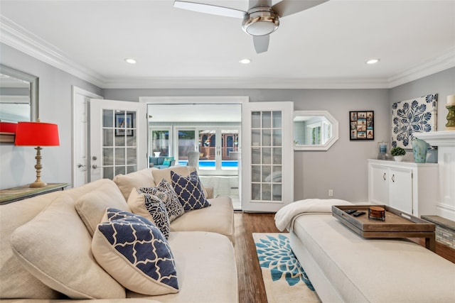 26 Wilson St, Port Jefferson Station, NY 11776 - living area with french doors, wood finished floors, recessed lighting, crown molding, and a ceiling fan