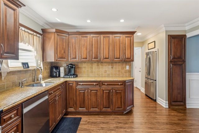 26 Wilson St, Port Jefferson Station, NY 11776 - kitchen featuring stainless steel appliances, a sink, dark wood-type flooring, light stone countertops, and ornamental molding