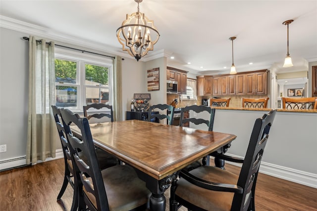26 Wilson St, Port Jefferson Station, NY 11776 - dining space with a chandelier, crown molding, recessed lighting, dark wood-style flooring, and baseboards