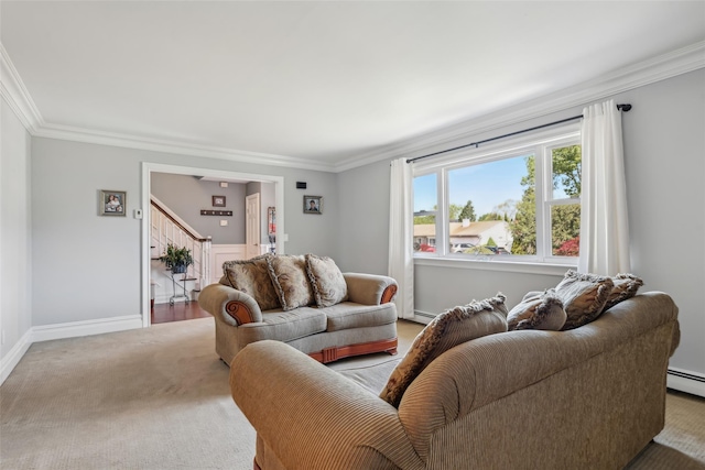 26 Wilson St, Port Jefferson Station, NY 11776 - living room featuring crown molding, stairs, light colored carpet, and baseboards
