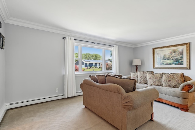 26 Wilson St, Port Jefferson Station, NY 11776 - living room with crown molding, light colored carpet, and a baseboard heating unit