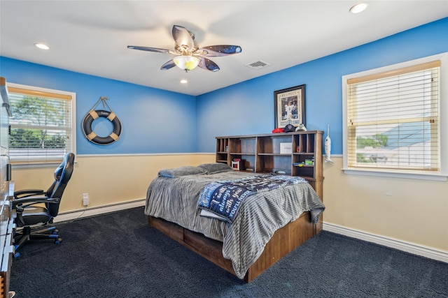 26 Wilson St, Port Jefferson Station, NY 11776 - carpeted bedroom with a baseboard radiator, an office area, ceiling fan, recessed lighting, and baseboards