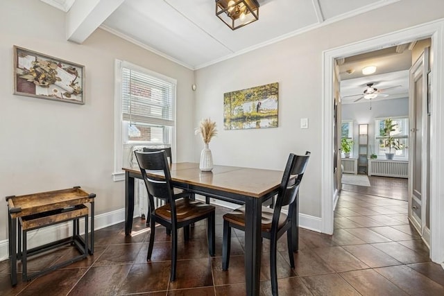2660 Rosebud Ave, Merrick, NY 11566 - dining area featuring radiator, baseboards, dark tile patterned flooring, ornamental molding, and beamed ceiling