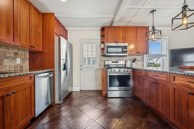 2660 Rosebud Ave, Merrick, NY 11566 - kitchen featuring stainless steel appliances, brown cabinetry, decorative backsplash, open shelves, and stone counters