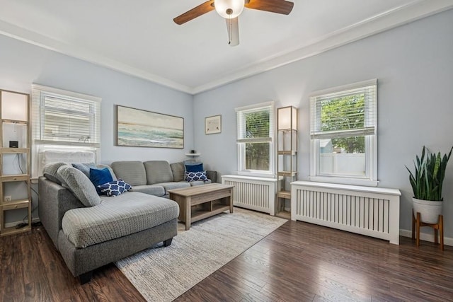 2660 Rosebud Ave, Merrick, NY 11566 - living area featuring radiator, a ceiling fan, and wood finished floors