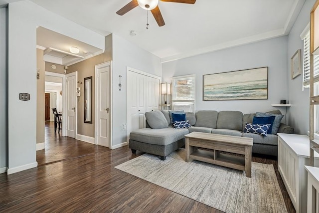 2660 Rosebud Ave, Merrick, NY 11566 - living area featuring a ceiling fan, wood finished floors, and baseboards