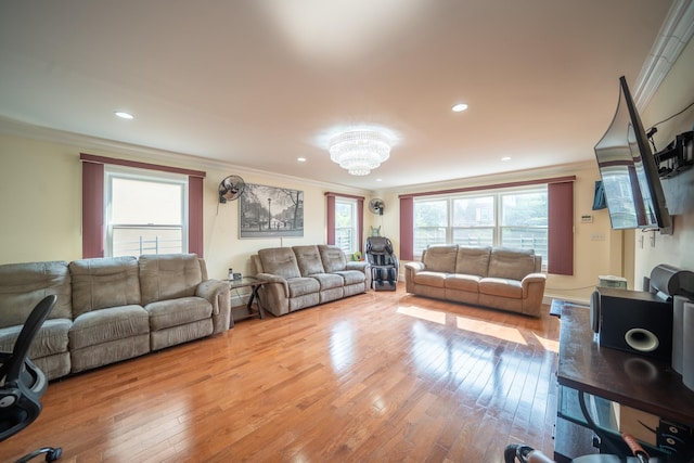 580 Valley Ave, Yonkers, NY 10703 - living area featuring ornamental molding, hardwood / wood-style flooring, a chandelier, and recessed lighting