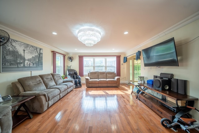 580 Valley Ave, Yonkers, NY 10703 - living area featuring a chandelier, ornamental molding, wood finished floors, plenty of natural light, and recessed lighting