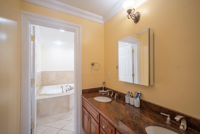 580 Valley Ave, Yonkers, NY 10703 - bathroom with a bath, tile patterned floors, double vanity, and ornamental molding