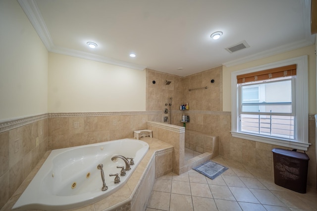 580 Valley Ave, Yonkers, NY 10703 - full bathroom with a whirlpool tub, a tile shower, ornamental molding, and tile patterned floors