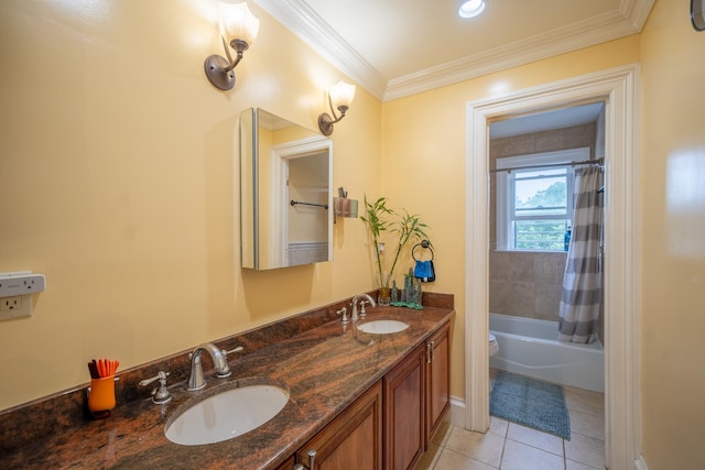 580 Valley Ave, Yonkers, NY 10703 - bathroom with tile patterned flooring, double vanity, shower / bathtub combination with curtain, and crown molding