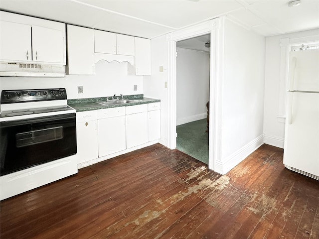 9 Church St, Hyde Park, NY 12538 - kitchen with freestanding refrigerator, range with electric stovetop, under cabinet range hood, dark wood-style floors, and white cabinetry