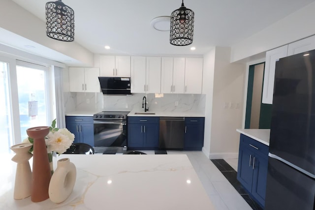 18 Park Dr E, Syosset, NY 11791 - kitchen featuring electric stove, freestanding refrigerator, blue cabinets, dishwashing machine, and recessed lighting