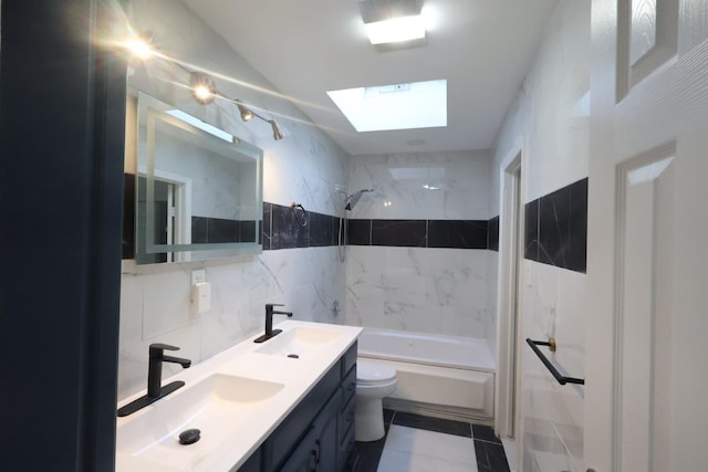 18 Park Dr E, Syosset, NY 11791 - bathroom featuring tile walls, a skylight, shower / bath combination, tile patterned flooring, and toilet