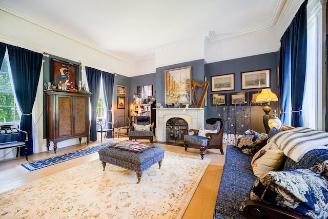 9 Ireland Ave, Wappingers Falls, NY 12590 - living area featuring wood finished floors, ornamental molding, and a fireplace