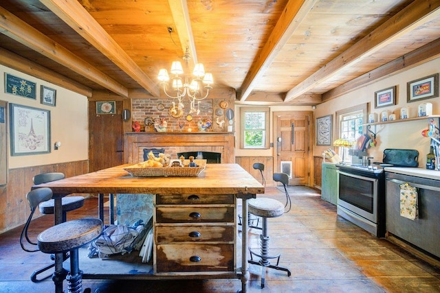 9 Ireland Ave, Wappingers Falls, NY 12590 - bar featuring wooden ceiling with exposed beams, appliances with stainless steel finishes, a wainscoted wall, a chandelier, and wooden walls