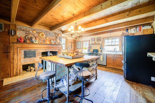 9 Ireland Ave, Wappingers Falls, NY 12590 - kitchen with stainless steel appliances, wooden ceiling with exposed beams, light wood finished floors, a chandelier, and pendant lighting