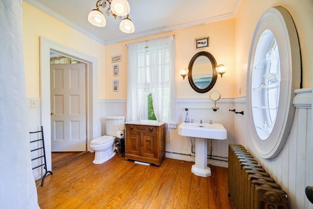 9 Ireland Ave, Wappingers Falls, NY 12590 - bathroom with radiator, a wainscoted wall, toilet, wood finished floors, and crown molding