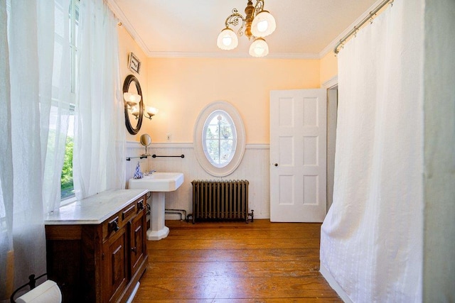 9 Ireland Ave, Wappingers Falls, NY 12590 - full bath with radiator heating unit, a chandelier, ornamental molding, a wainscoted wall, and wood-type flooring
