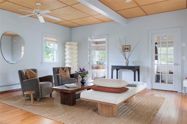 24 Jolliffe Ln, Congers, NY 10920 - living area featuring light wood finished floors, baseboard heating, a ceiling fan, and beamed ceiling
