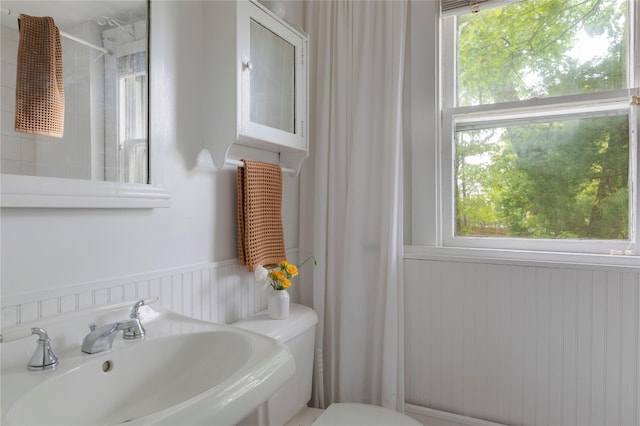 24 Jolliffe Ln, Congers, NY 10920 - bathroom featuring a sink, toilet, healthy amount of natural light, and a wainscoted wall