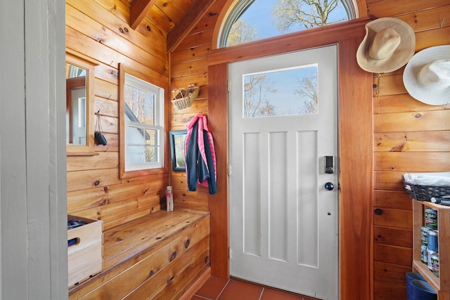 285 County Road 20, Cairo, NY 12413 - foyer featuring wooden walls, lofted ceiling, tile patterned flooring, and wooden ceiling