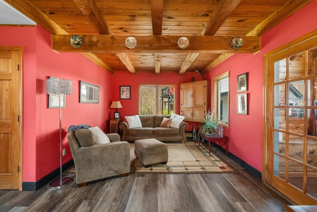 285 County Road 20, Cairo, NY 12413 - living room with wooden ceiling with exposed beams, wood finished floors, and baseboards