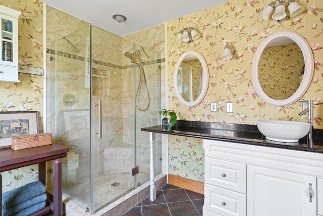 285 County Road 20, Cairo, NY 12413 - bathroom featuring tile patterned floors, wallpapered walls, a stall shower, and vanity