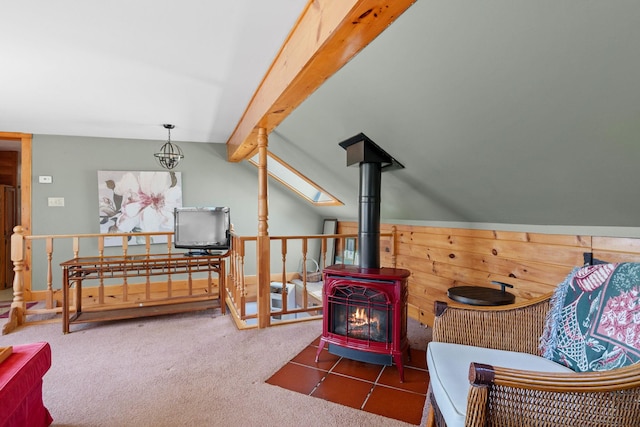 285 County Road 20, Cairo, NY 12413 - sitting room with a wood stove, carpet floors, and lofted ceiling
