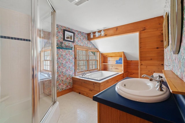 285 County Road 20, Cairo, NY 12413 - full bath with wallpapered walls, an enclosed shower, vanity, a bathtub, and tile patterned floors