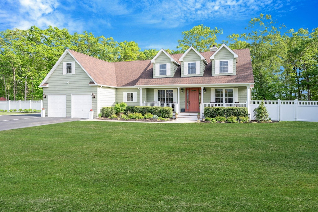 1 Mastro Ct, Baiting Hollow, NY 11933 - new england style home with covered porch, a garage, driveway, a chimney, and a shingled roof