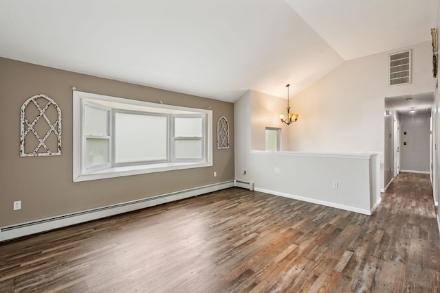 22 Rosio Ln, Modena, NY 12548 - unfurnished room with a baseboard heating unit, a chandelier, lofted ceiling, wood finished floors, and baseboards