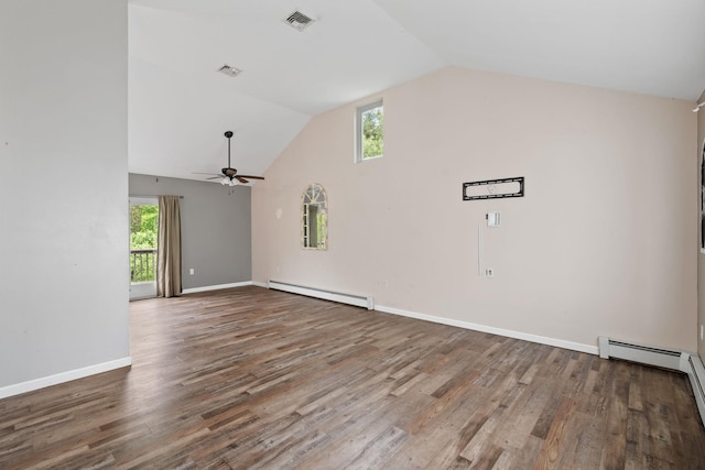 22 Rosio Ln, Modena, NY 12548 - unfurnished living room with baseboard heating, healthy amount of natural light, wood finished floors, and high vaulted ceiling