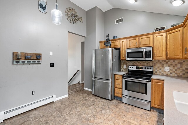 22 Rosio Ln, Modena, NY 12548 - kitchen featuring stainless steel appliances, baseboard heating, light countertops, high vaulted ceiling, and tasteful backsplash