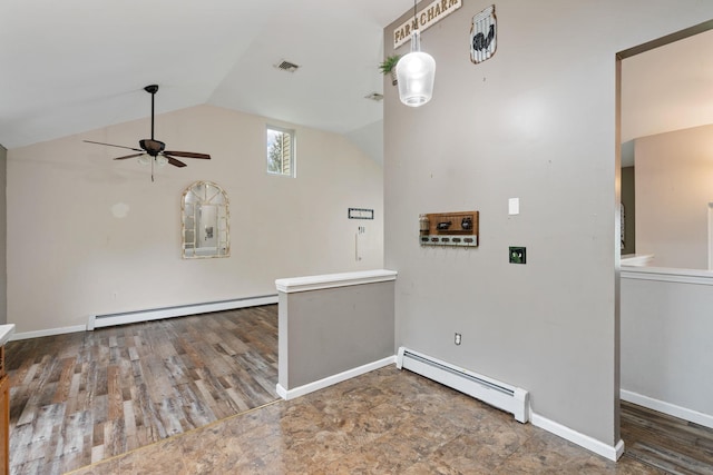 22 Rosio Ln, Modena, NY 12548 - unfurnished room with a baseboard heating unit, ceiling fan, vaulted ceiling, and baseboards