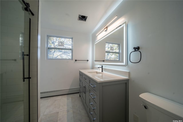 47 Kingfisher Rd, Levittown, NY 11756 - bathroom featuring a baseboard heating unit, plenty of natural light, toilet, and a shower stall