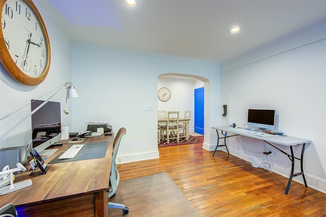 2 Town House Pl Unit 2H, Great Neck, NY 11021 - office space featuring arched walkways, wood-type flooring, crown molding, baseboards, and recessed lighting