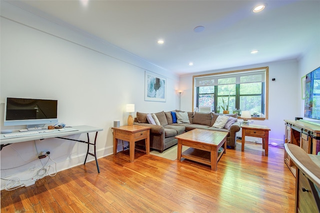 2 Town House Pl Unit 2H, Great Neck, NY 11021 - living area featuring light wood-style flooring, ornamental molding, recessed lighting, and baseboards