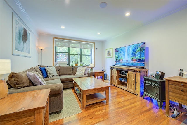 2 Town House Pl Unit 2H, Great Neck, NY 11021 - living room with light wood finished floors, crown molding, recessed lighting, and a wood stove