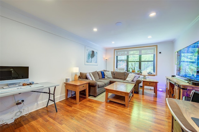 2 Town House Pl Unit 2H, Great Neck, NY 11021 - living room with ornamental molding, light wood-style flooring, recessed lighting, and baseboards