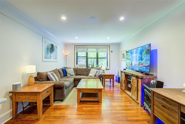 2 Town House Pl Unit 2H, Great Neck, NY 11021 - living area featuring ornamental molding, light wood-type flooring, and recessed lighting