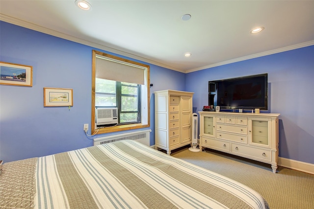 2 Town House Pl Unit 2H, Great Neck, NY 11021 - carpeted bedroom with radiator, baseboards, recessed lighting, cooling unit, and crown molding