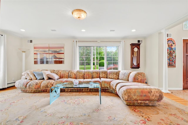 249 Park Ave, Eastchester, NY 10709 - living area with wood finished floors, crown molding, recessed lighting, and baseboards