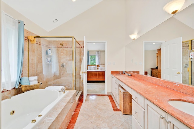 249 Park Ave, Eastchester, NY 10709 - ensuite bathroom with a whirlpool tub, a stall shower, double vanity, high vaulted ceiling, and baseboards