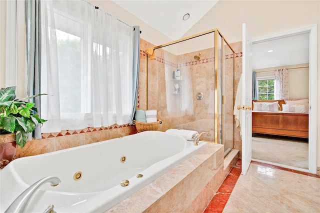 249 Park Ave, Eastchester, NY 10709 - full bath featuring a jetted tub, a shower stall, and vaulted ceiling