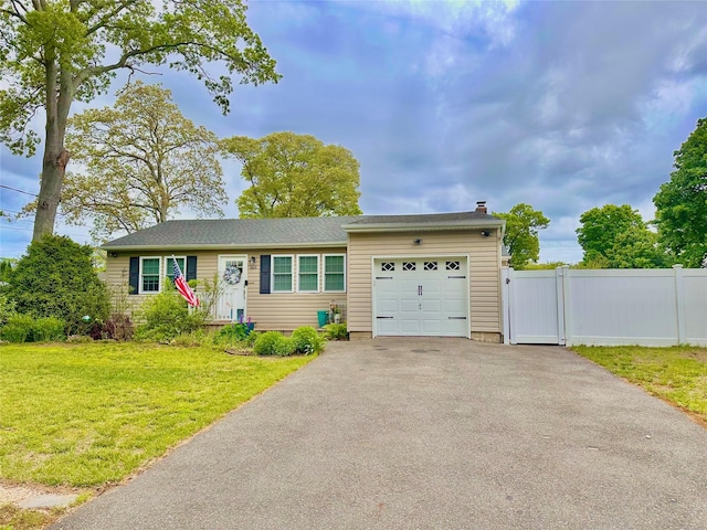 165 Smith Ave, Holbrook, NY 11741 - ranch-style home with asphalt driveway, an attached garage, and a chimney