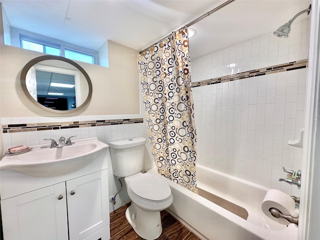 165 Smith Ave, Holbrook, NY 11741 - bathroom featuring tile walls, toilet, shower / bath combination with curtain, vanity, and wood finished floors
