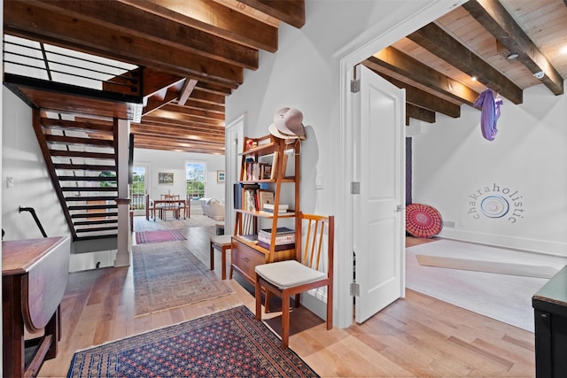 17 River Ridge Court, Beacon, NY 12508 - hall with wood ceiling, light wood finished floors, and stairway